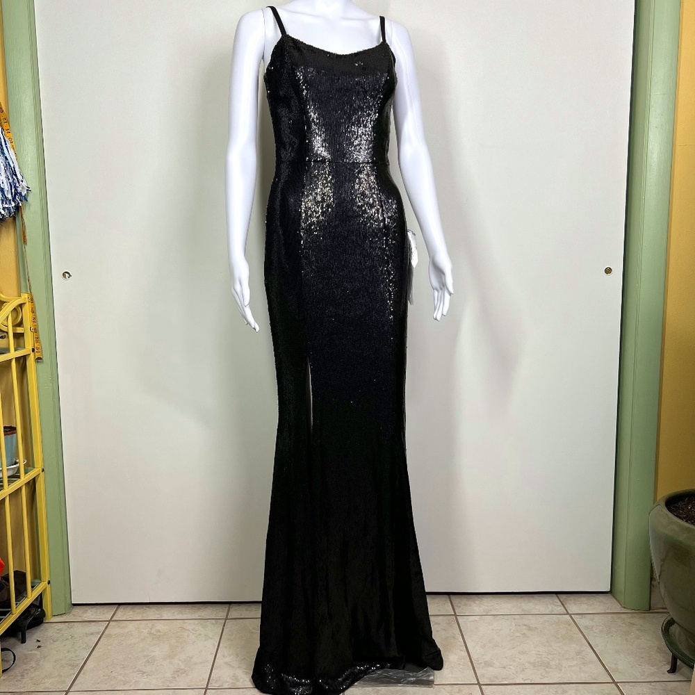Dress the Population Black Sequin, Spaghetti strap, leg slit, Maxi Dress, S, NWT
